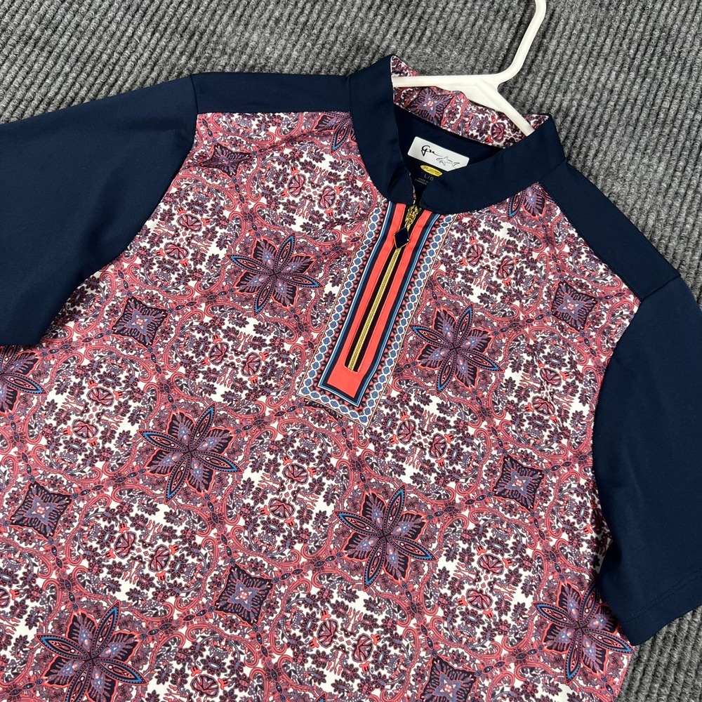 Greg Norman Polo Shirt Womens Large Purple Blue Geometric Short Sleeve 1/4 Zip